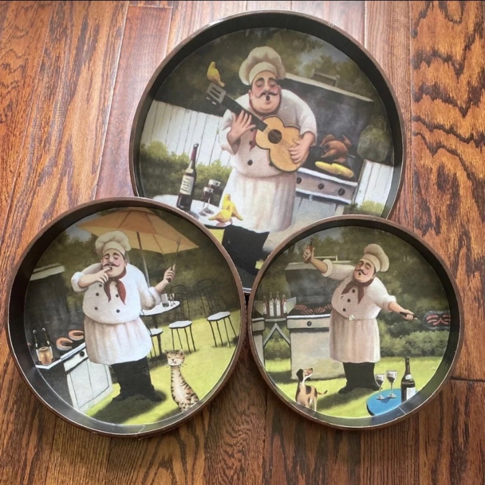 Set of 3 Italian Chef Round Serving Tray Backyard Summer Grill Pre-owned
